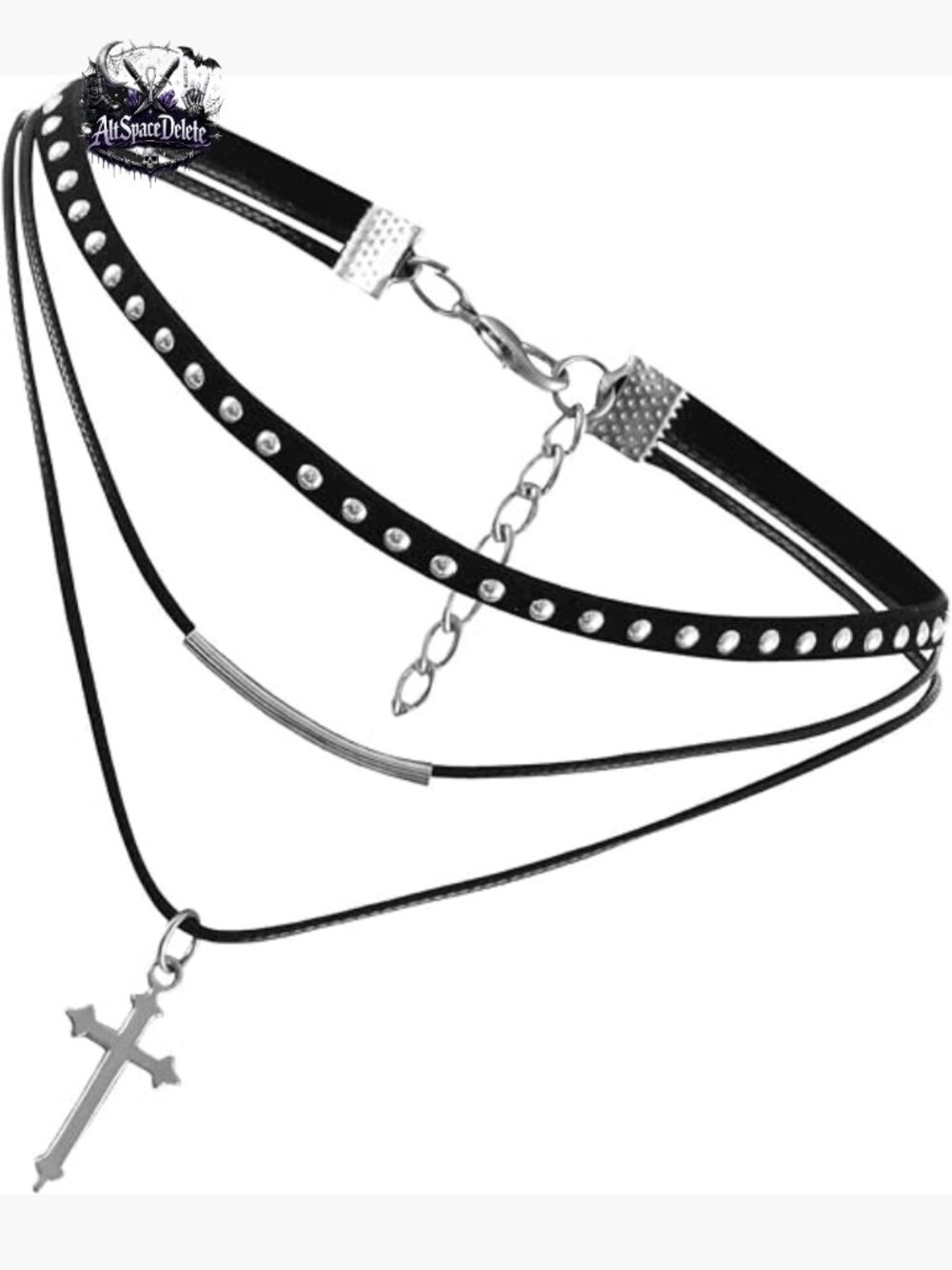 Gothic Punk Cross Choker Necklace with Rope and Rivet Details